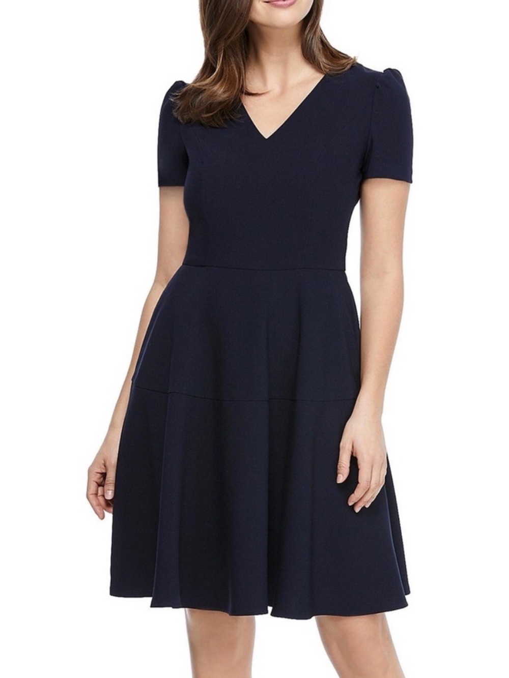 Gal Meets Glam Kate V-Neck Fit & Flare Dress Classic Feminine Navy Blue 12